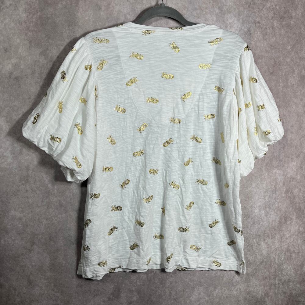 Chico's Top Womens Size 2 US Large White Metallic Foil Pineapple Flutter Sleeves - Picture 6 of 9